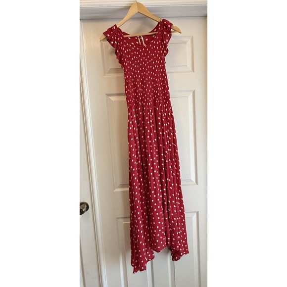 Free People Dresses & Skirts - Free People Maxi Dress Women Medium Red Polka Dot Smocked Flutter Sleeve Boho